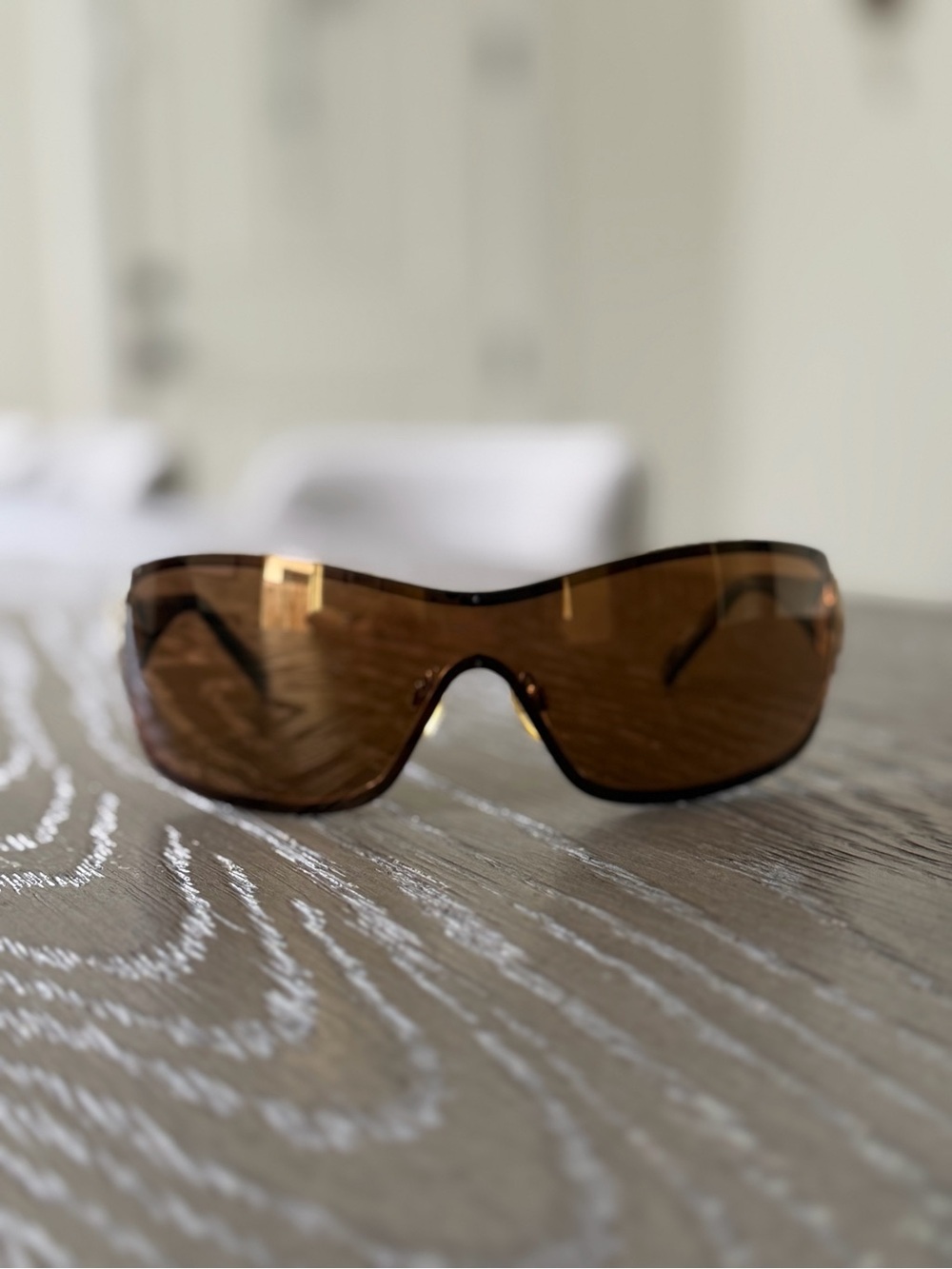 Vintage Chanel 4164-B Camellia Crystal Shield Sunglasses Brown Gold - Picture 4 of 6